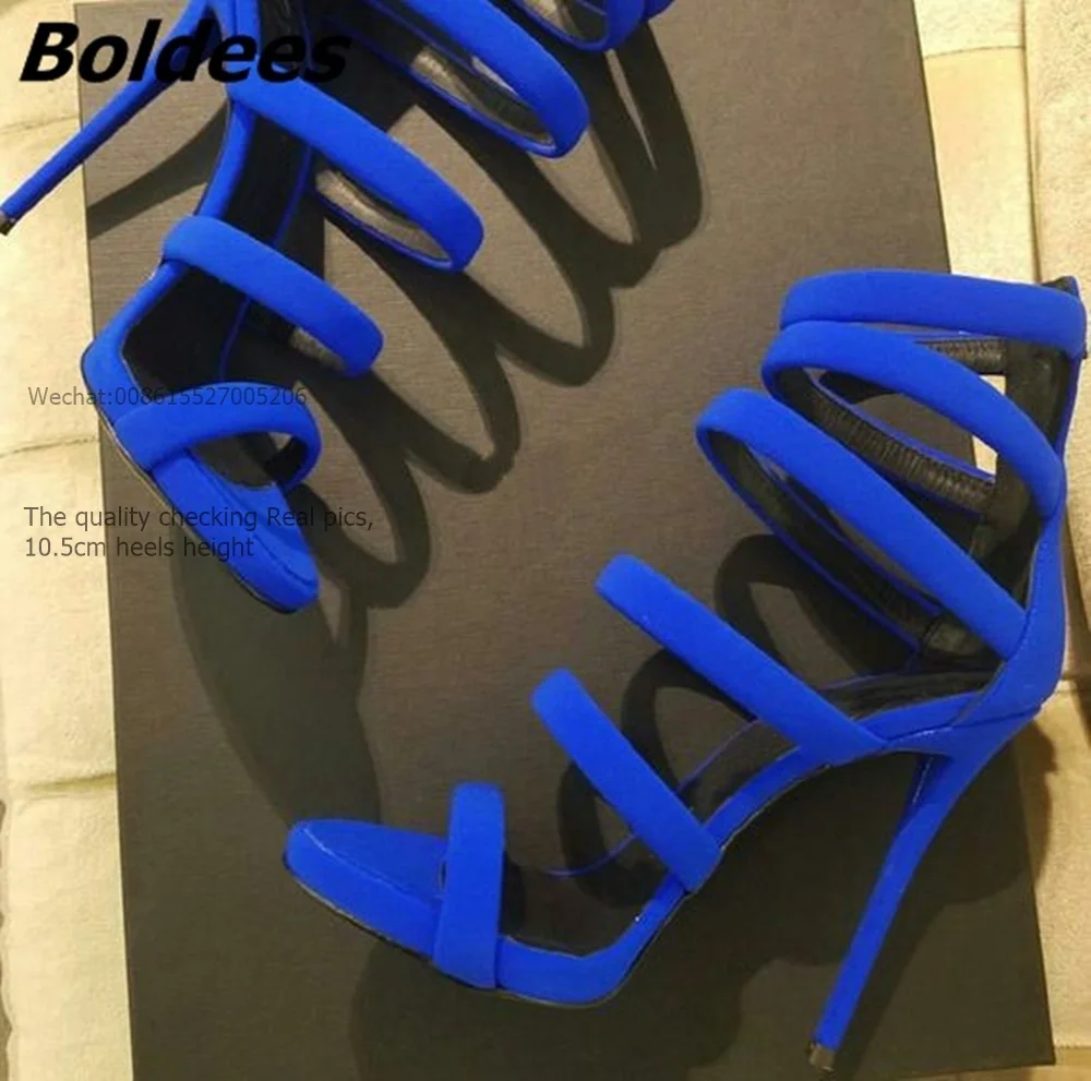 Designer Royal-blue Suede Leather Sandals Women Sexy Cut-out Open Toe Stiletto Heel Shoes Sandals Trend Fashion OL Shoes