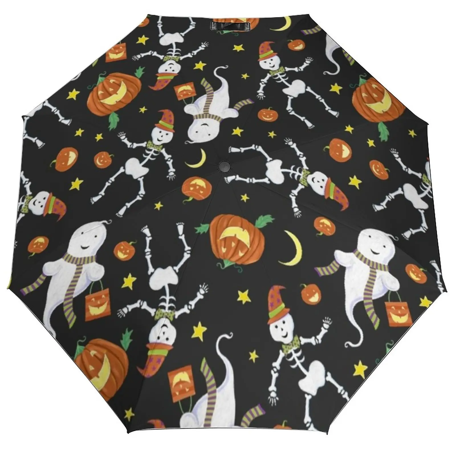 

Автоматический зонт в виде скелета для Хэллоуина, складной зонтик в 3 сложения, с изображением Призрака и тыквы, черный, портативный, с защит...