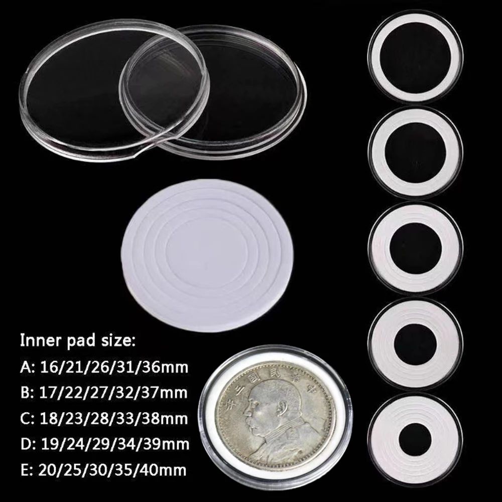 

Coin Protection Capsules, 100pcs Clear Plastic Round Coins Holder Storage Collectibles Case with Adjustable Pad Money Box 46mm