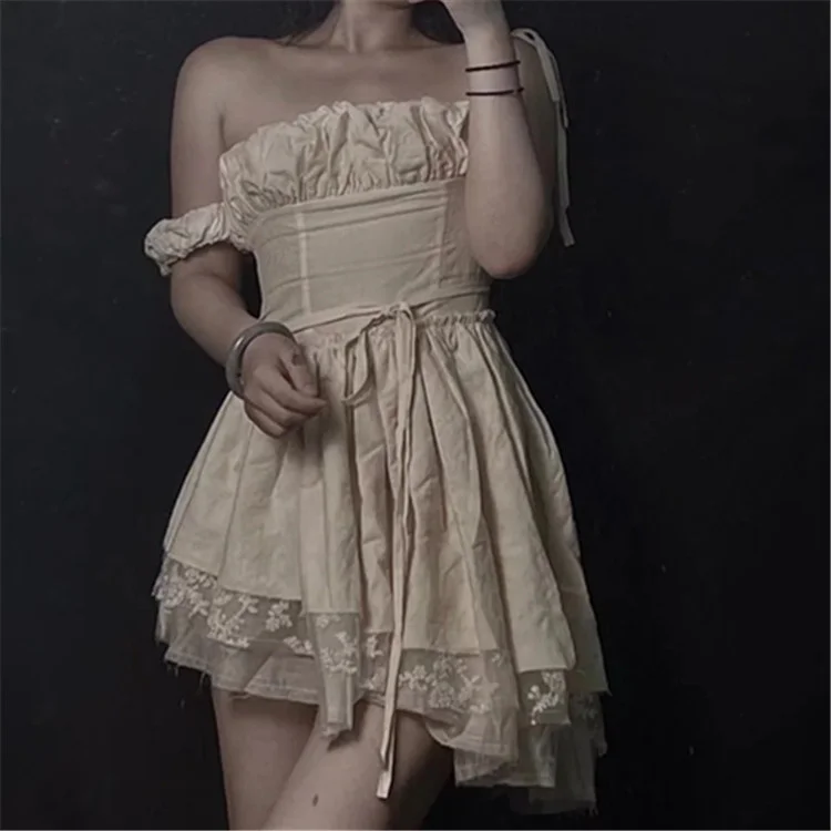 

2023 Summer Sexy Strapless New Dresses for Women Elegant Lace Patchwork Ruffles Irregular Mini Dress Femme