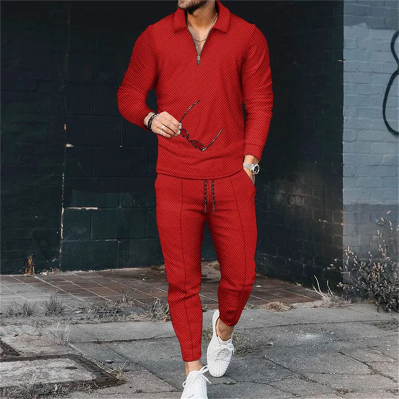 

Autumn men's fashion suit big red 3D printed Polo shirt long sleeve zipper top sportswear Harajuku suit shirt+casual pants suit