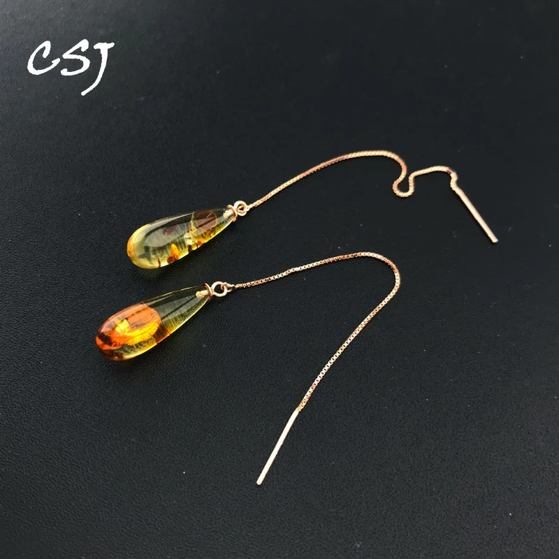 

CSJ Natural Amber Dangle Earrings Sterling 925 Silver Water Drop 7*20mm for Women Birthday Party Jewelry Gift