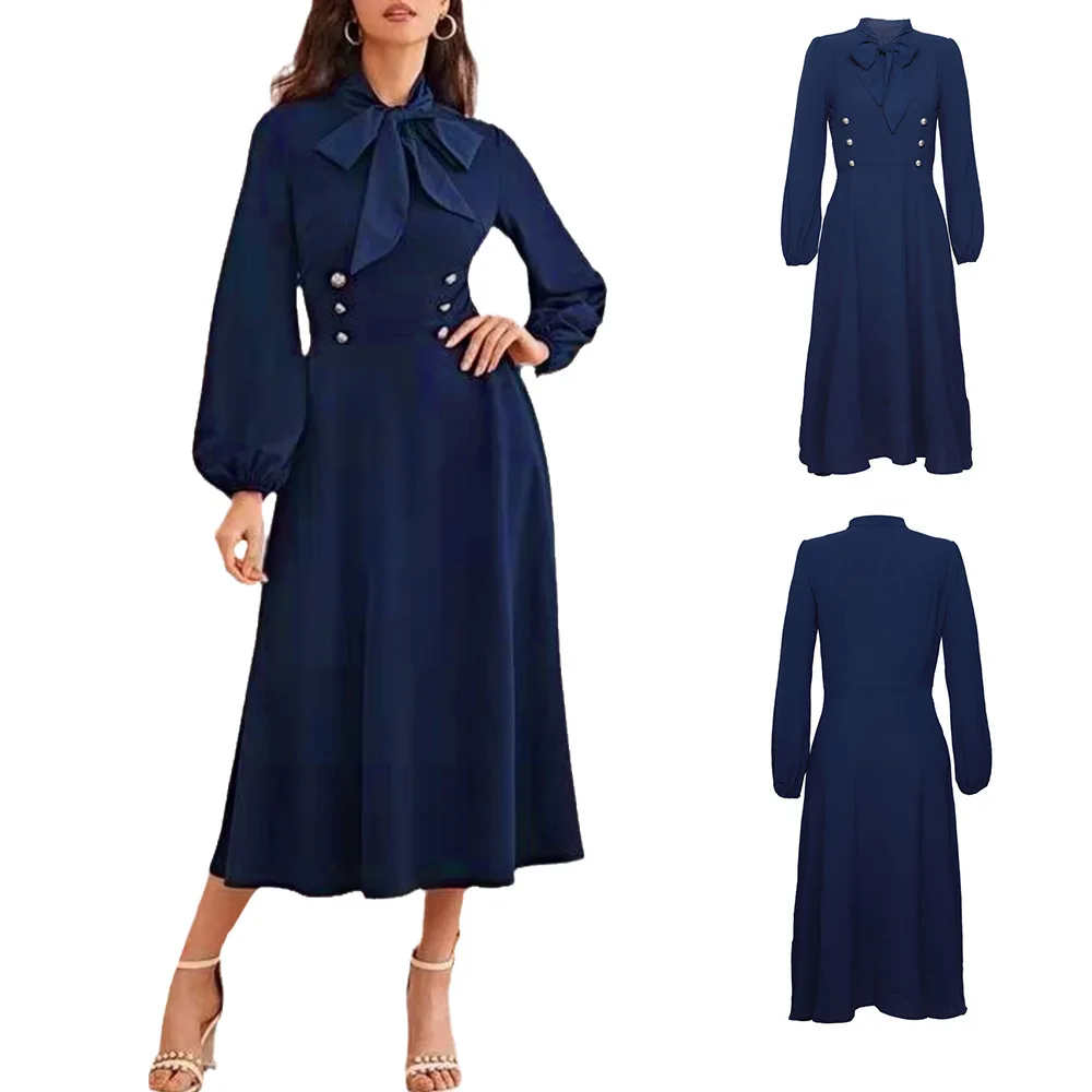 

2021 New Autumn Blue Elegant Women Vintage Long Dress Hepburn Style Long Sleeve Button Bow Tie Medieval Retro Dress