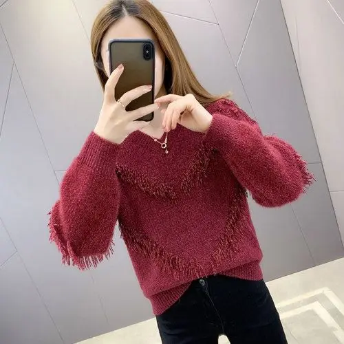

Wine Red Tassel Lady Plush Winnter V-Collar Pullover Warm Sweater Women's Sweaters Women Girl Pull Slim Top Outer Coat Cloth