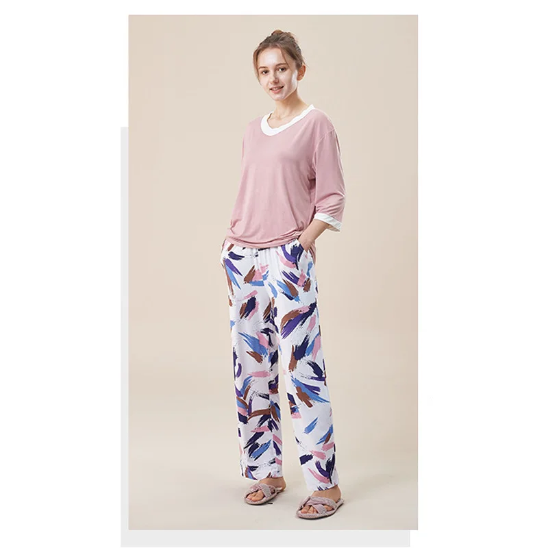 Modal Women Pajamas Set Pyjamas Spring New V Neck Contrasting Colors Half Sleeve Printing Casual Fit Loose Outdoor Nightclothing