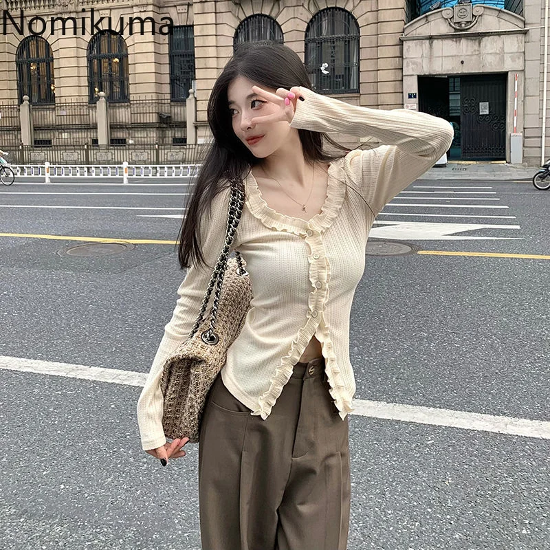 

Кроп-топ Nomikuma, весна-осень, лоскутные оборки, тонкие однотонные футболки Y2k, Корейская Элегантная Модная пикантная повседневная женская одежда