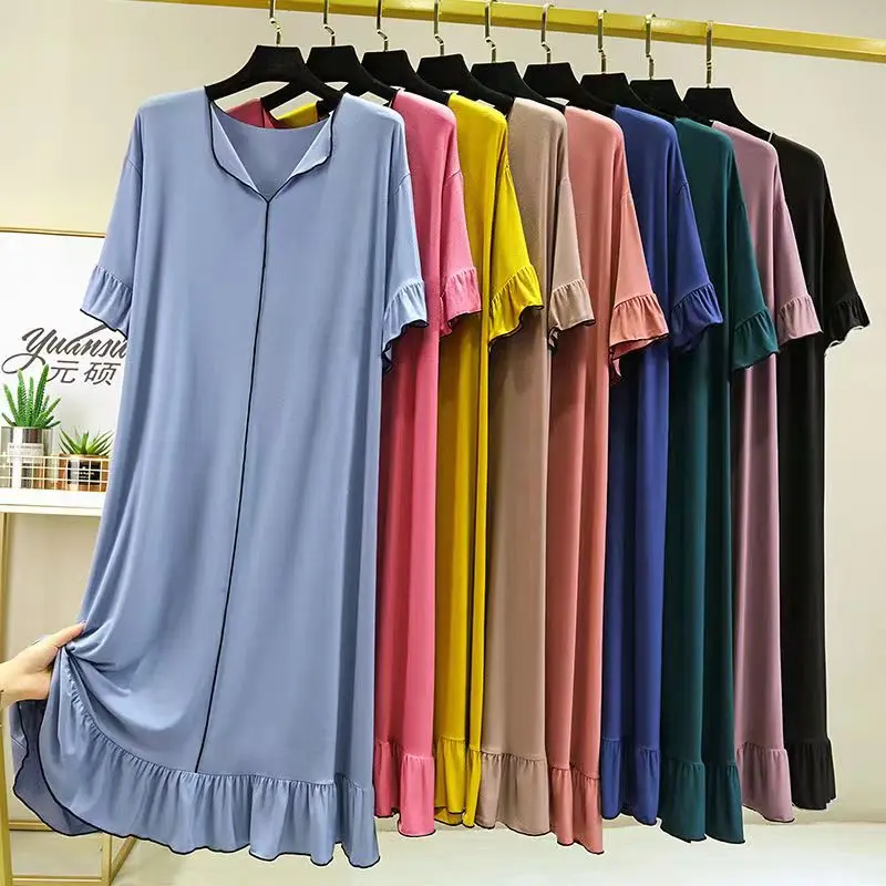 Fdfklak Modal Nightdress Women Summer Thin Section Loose Short Sleeved Pajamas Mid Length Section Sleepwear Casual Nightgown