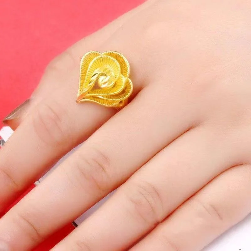 

Female Opening Adjustable Fashion Euro Pure Copy Real 18k Yellow Gold 999 24k Peony Index Finger Ring Does Not Fade Never Jewelr