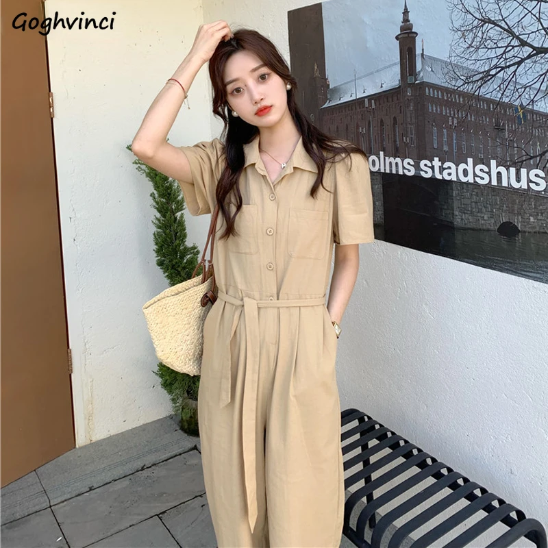 

Wide Leg Jumpsuits Women Pure Baggy High Waist with Sashes Summer Short Sleeve Temperament Females Streetwear New Arrival Korean