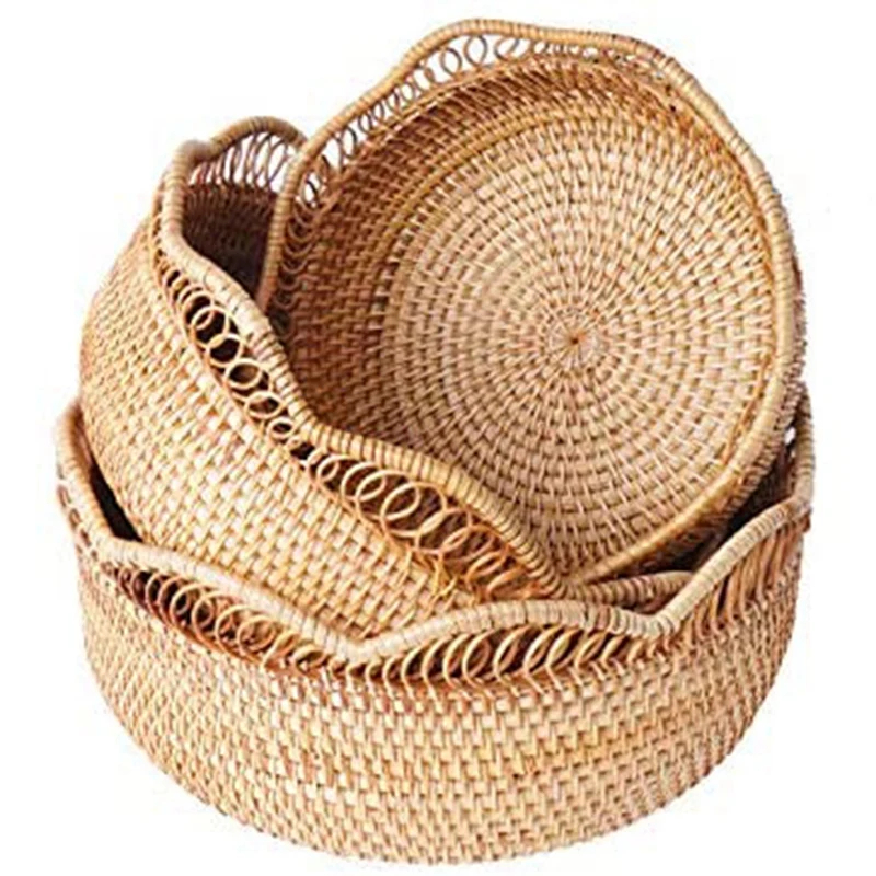 

3 Pcs Round Rattan Woven Storage Baskets,Wicker Service Basket,Round Rattan Trays,For Bread,Fruits,Vegetables,Snacks,Etc