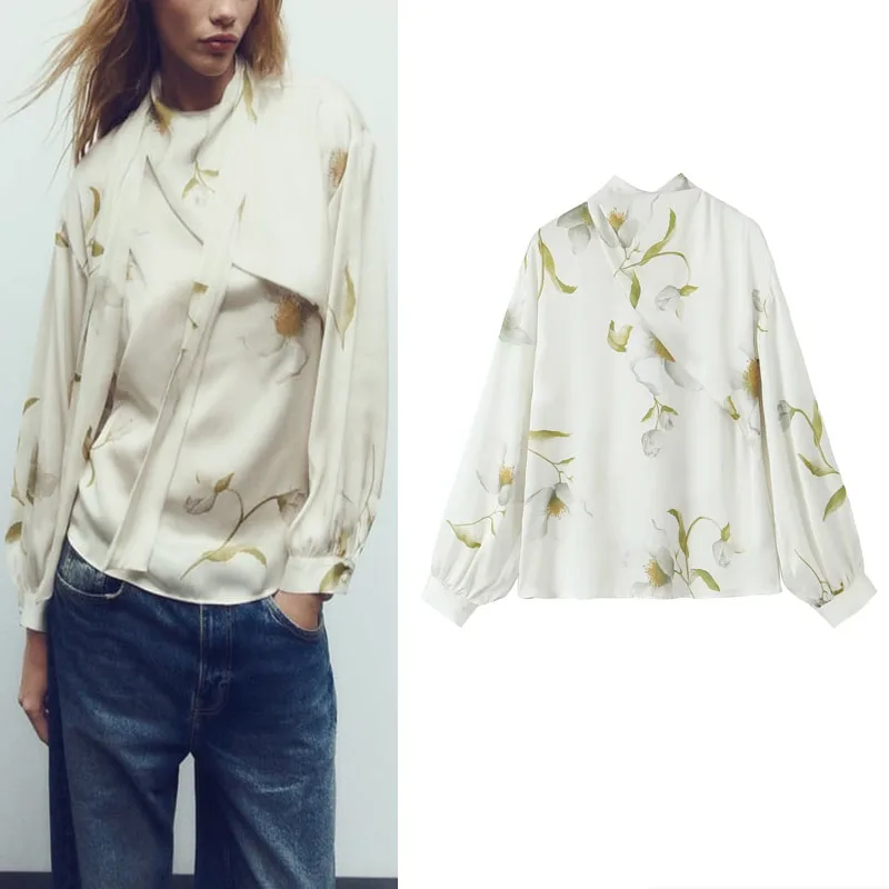 

TRAF Womens Floral Print Blouse Vintage High Collar Tied Satin Top 2023 Autumn Elegant Long Puff Sleeve Blouses Woman Clothing