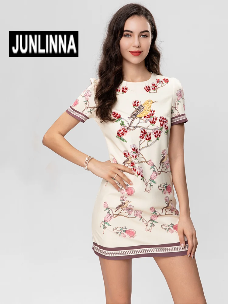 

Женское летнее Мини-Платье JUNLINNA, платье с круглым вырезом и коротким рукавом, украшенное блестками и бисером