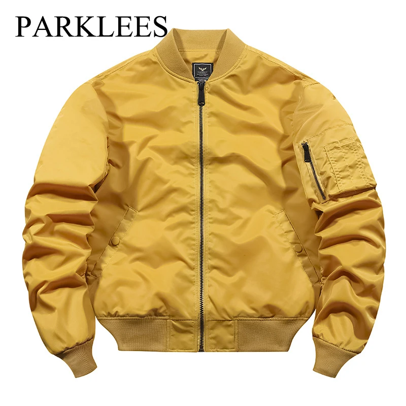 

Parklees Men Yellow Military Bomber Jacket Spring Autumn Pilot Flight Zipper Jacket Casual Regular Fit Windproof Baseball Jacket