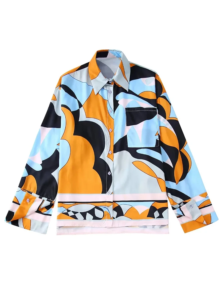 

Women Fashion With Pocket Printed Loose Shirts Vintage Long Sleeve Split Hem Female Blouses Blusas Chic Tops