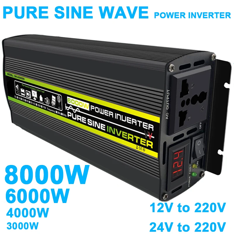 8000W Car Inverter Pure Sine Wave Power Inverter Voltage Transformer DC12V 24V To AC 220V Socket Converter for Car Home Outdoor