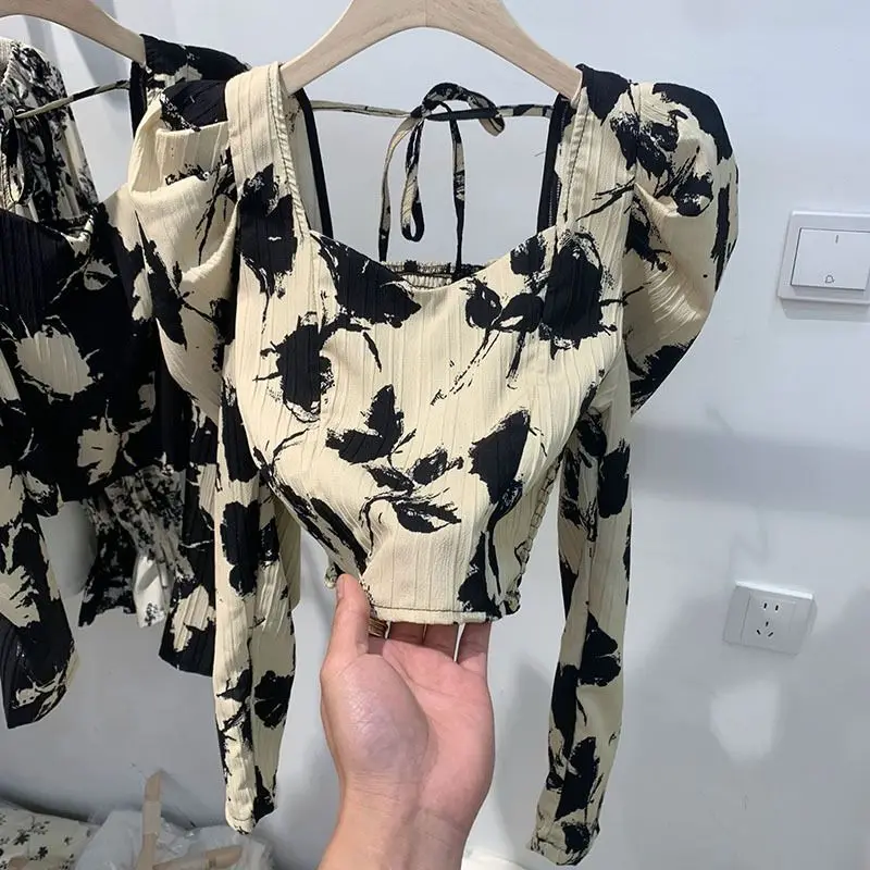 

Spring French Style Blusas Mujer De Moda 2023 Square Collar Puff Sleeve Slim All-match Blouses Fragmented Flowers Vintage Shirt