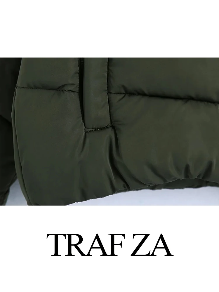 TRAF ZA Women's Winter Thick Jacket Retro Casual Jacket Solid Color Hooded Turtleneck Coat Zip Pocket Thermal Top Mujer