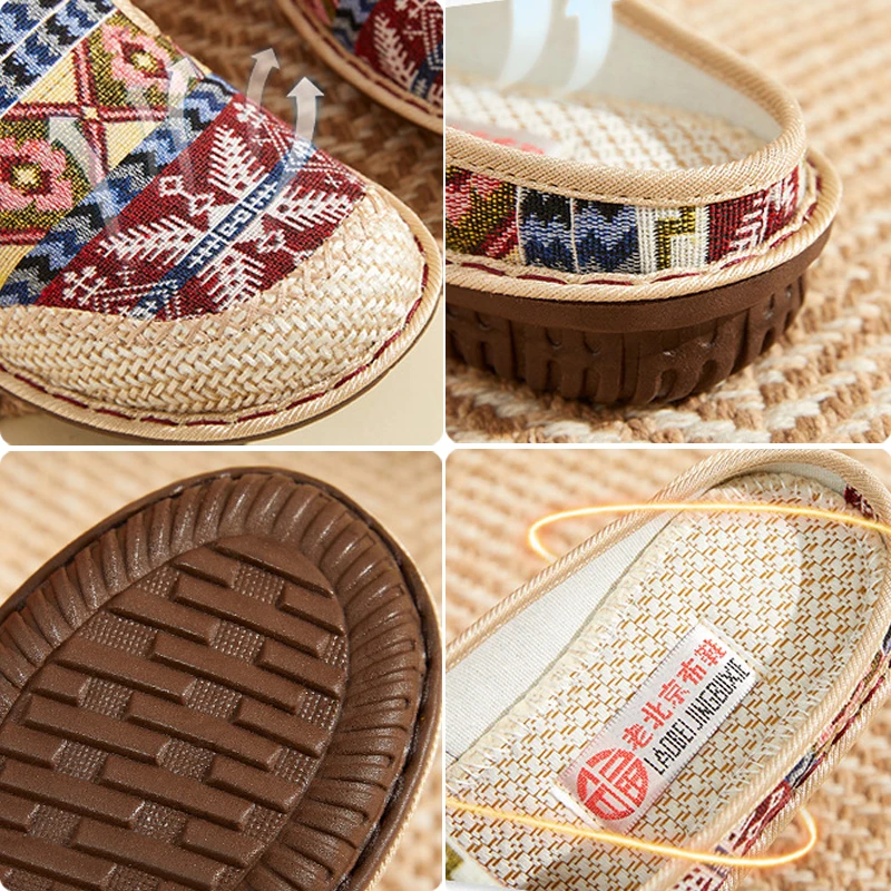 Ethnic Embroidery Women Slipper Summer Linen Flat Shoe Wedge Baotou Outdoor Slides Soft Sole Straw Sandals Ladies Slip-on Muller