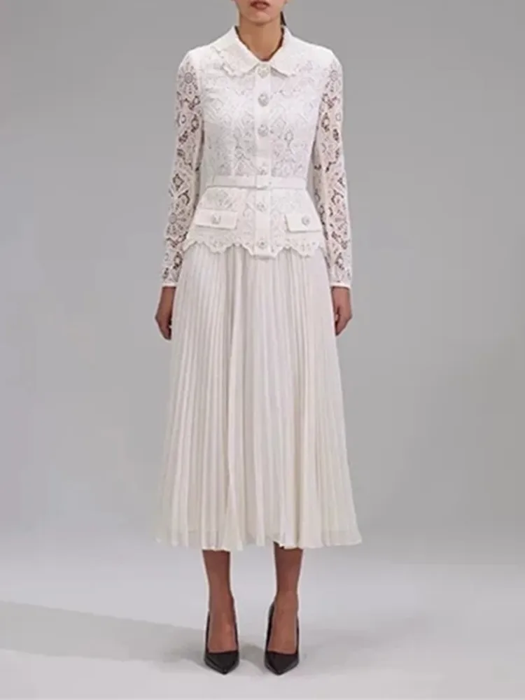 

Women Lace Robe Pleated Stitching Fake Two Pieces Set Peter pan Collar Long Sleeve Elegant Female Midi Dress with Sashes 2022