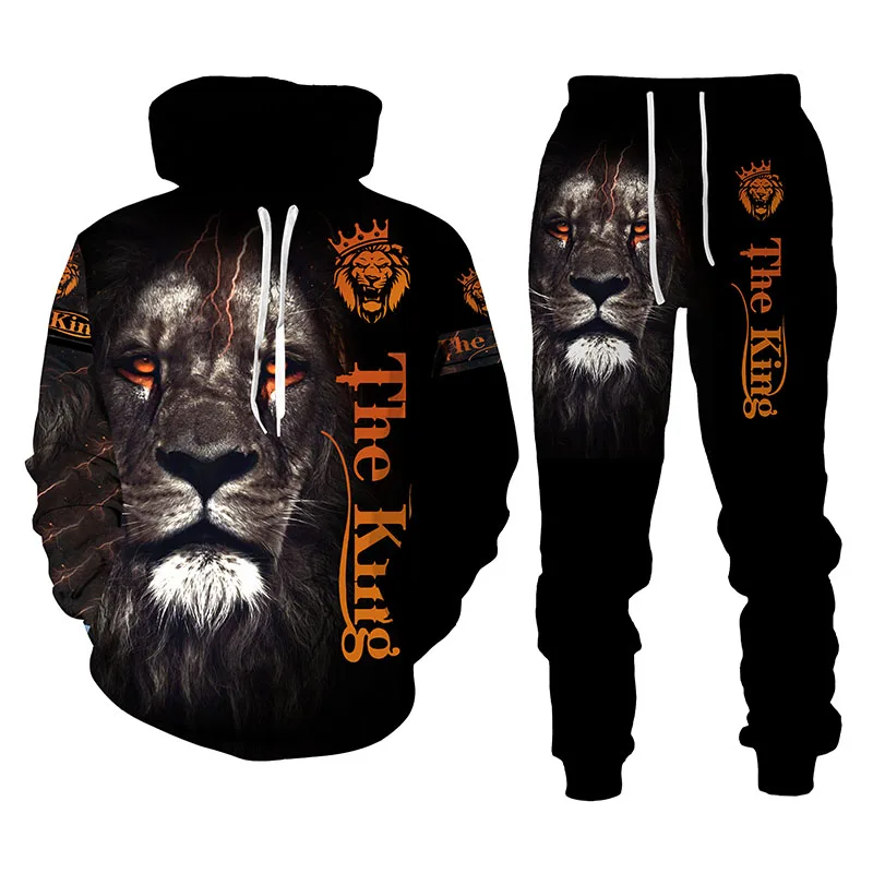 

2022 Spring Cool 3D Golden Lion King Printed Hoodie Pants Man Set Women Sports Suit Casual Pullover Sweatshirts Men's Tracksuits