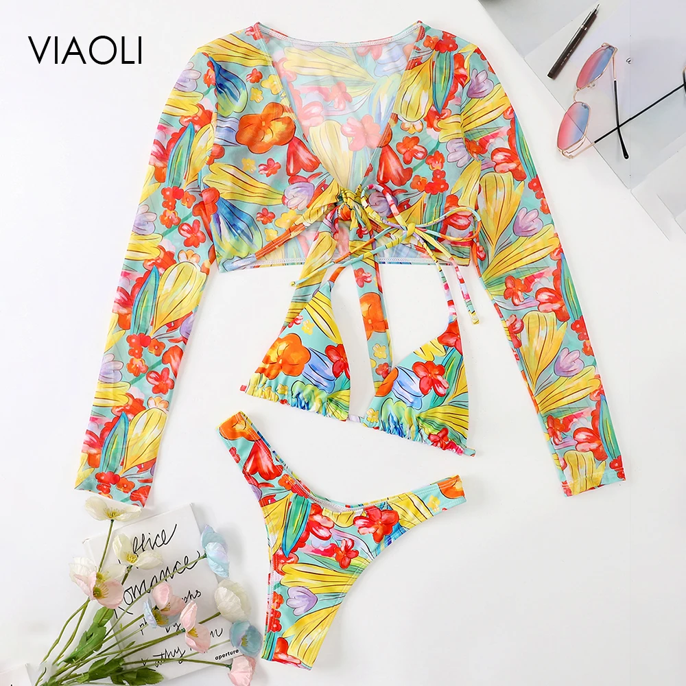 

Женская пляжная одежда с красочным принтом, женский купальник с высокой талией, комплект бикини из трех предметов, купальный костюм для куп...
