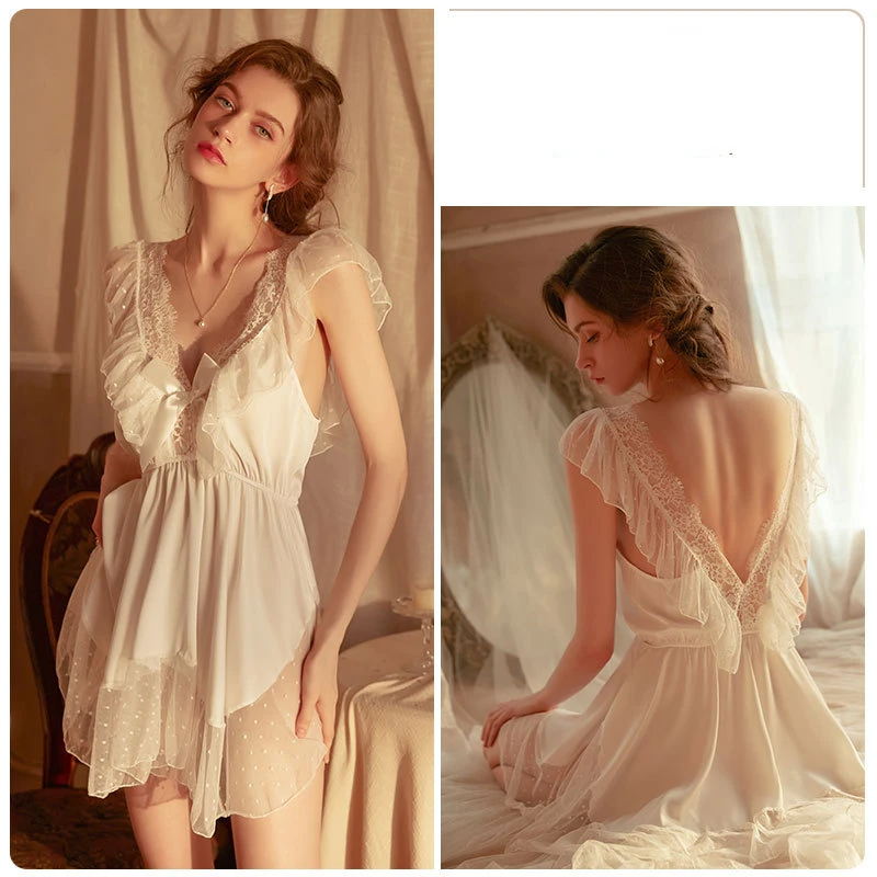 Sexy Women's Nightwear Sex Night Dress Women Sleepwear Lingerie V-Neck Women's Pajamas Solid Night Wear Lace Satin Dress Women