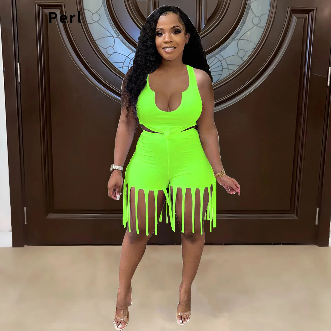 

Perl Tank Crop Top+tassel Shorts Suit FashionTwo Pieces Set Women Clothes Matching Family Summer Outfit ensemble femme 2 pièces