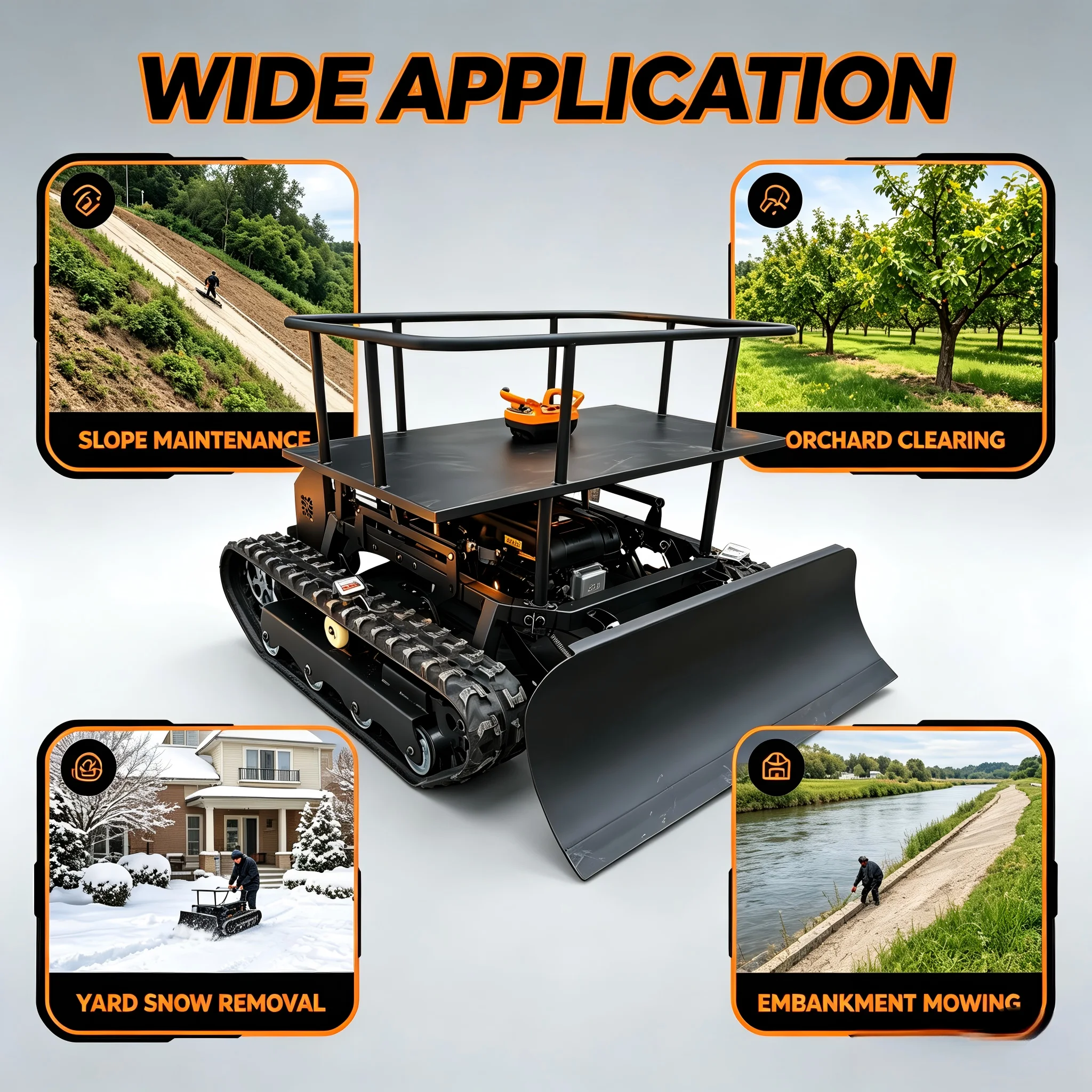 Фото Газонокосилка с дистанционным управлением Custom Remote Control Lawn Mower 55 °   Электрический кусторез для работы на склонах с регулировкой высоты и шириной среза 800 мм №5