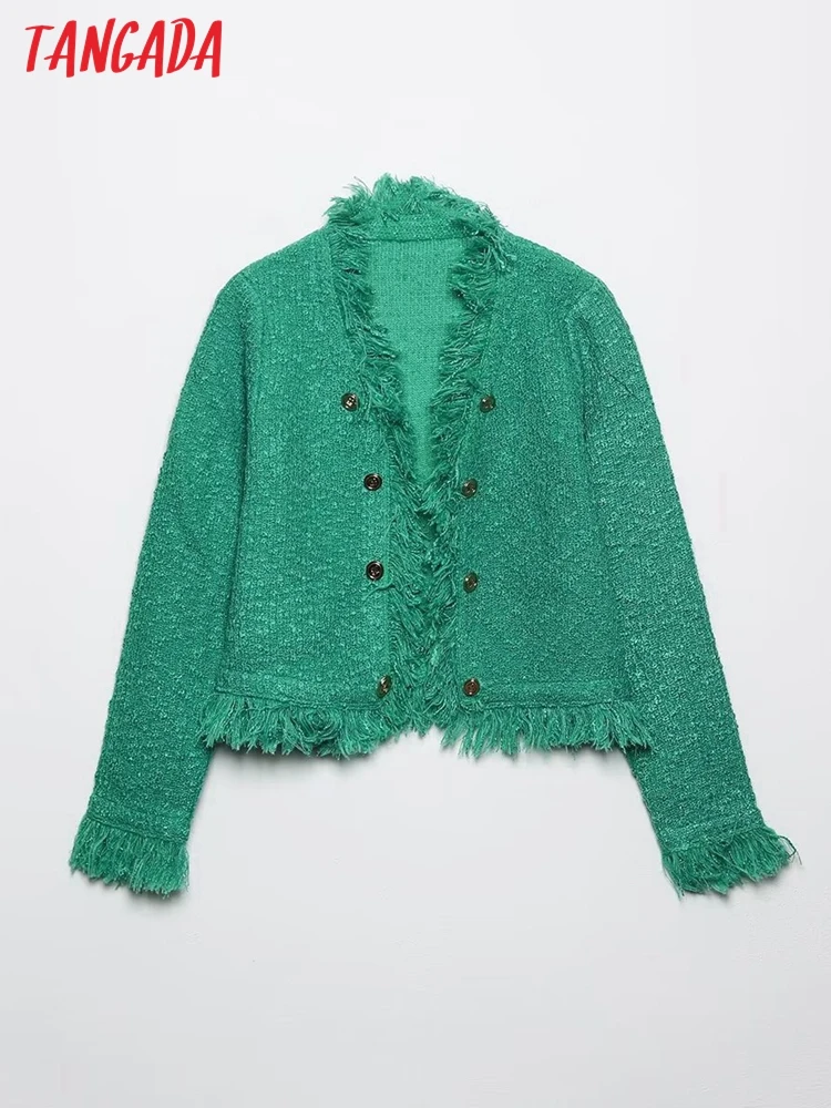 

Куртка женская зеленая свободного покроя с кисточками и длинным рукавом