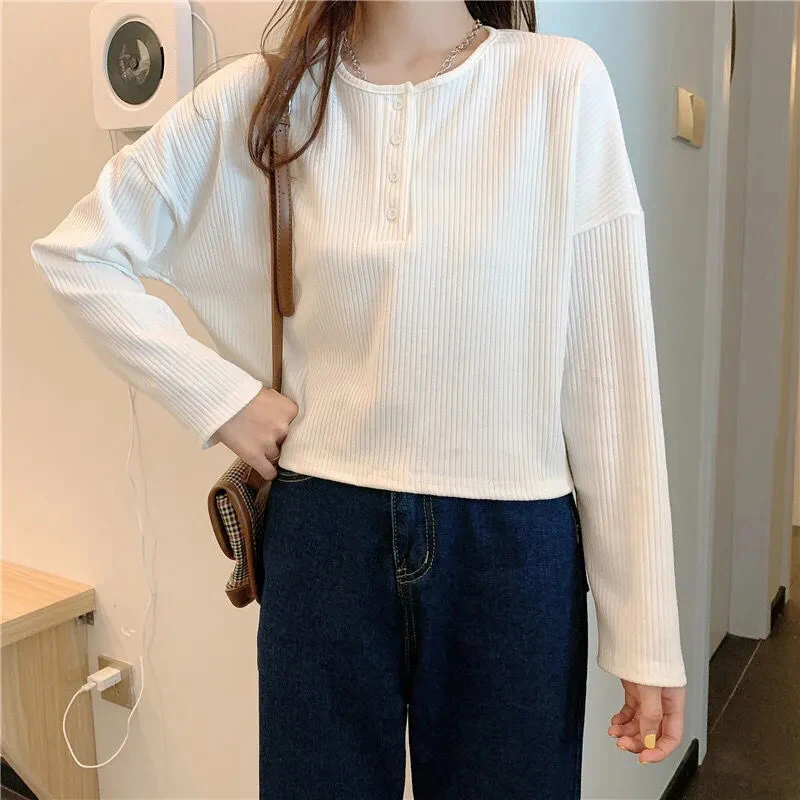 

Женский свитер на пуговицах, простой пуловер с круглым вырезом и длинным рукавом, универсальный вязаный свитер в Корейском стиле, весна-осень 2023