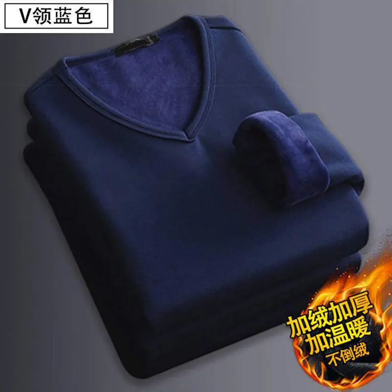 Men's Thermal Top Plus Velvet Thickening V-neck Winter Solid Color Autumn Clothes Round Neck Thermal Underwear