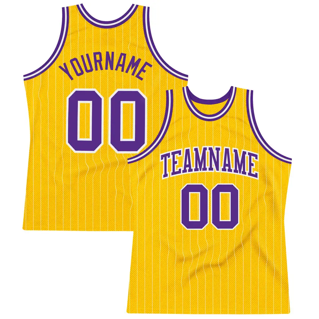 

Custom Gold White Pinstripe Purple Authentic Basketball Team Shirts Designs