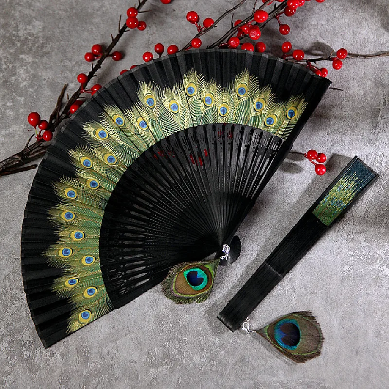 Бамбуковый Веер Складной эбеновый материал перо Форма Классический женский танцевальный реквизит Подвеска Ретро ежедневный кашпо шелк китайский стиль