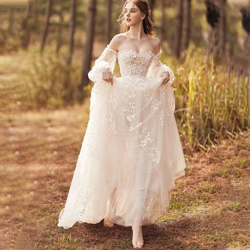 

Boho Tulle Wedding Dress Sweetheart Detachable Sleeves Bridal Gowns Lace Appliques A-line Brides Dresses Vestido De Casamento