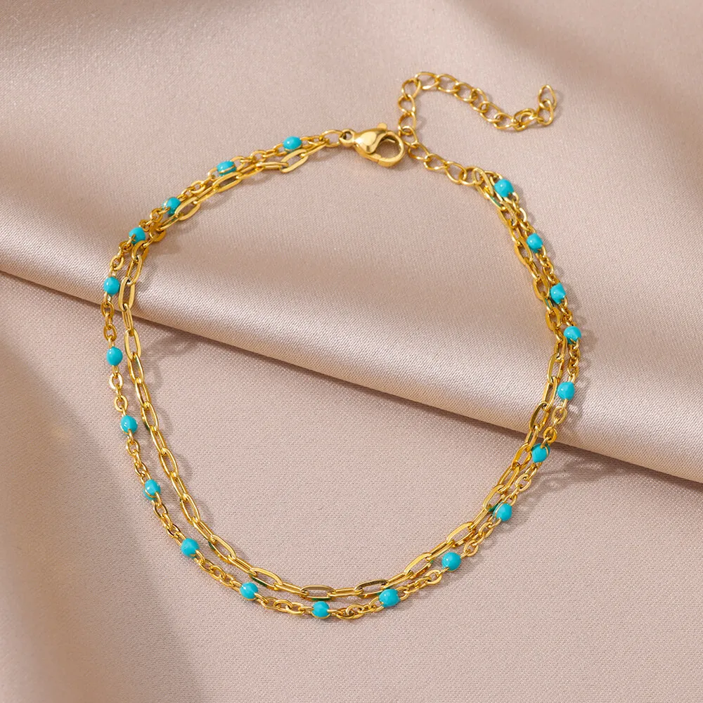 

Blue Beads Double Layer Anklets For Women Gold Color Stainless Steel Ankle Bracelet Female Foot Chain Jewelry Free Shipping