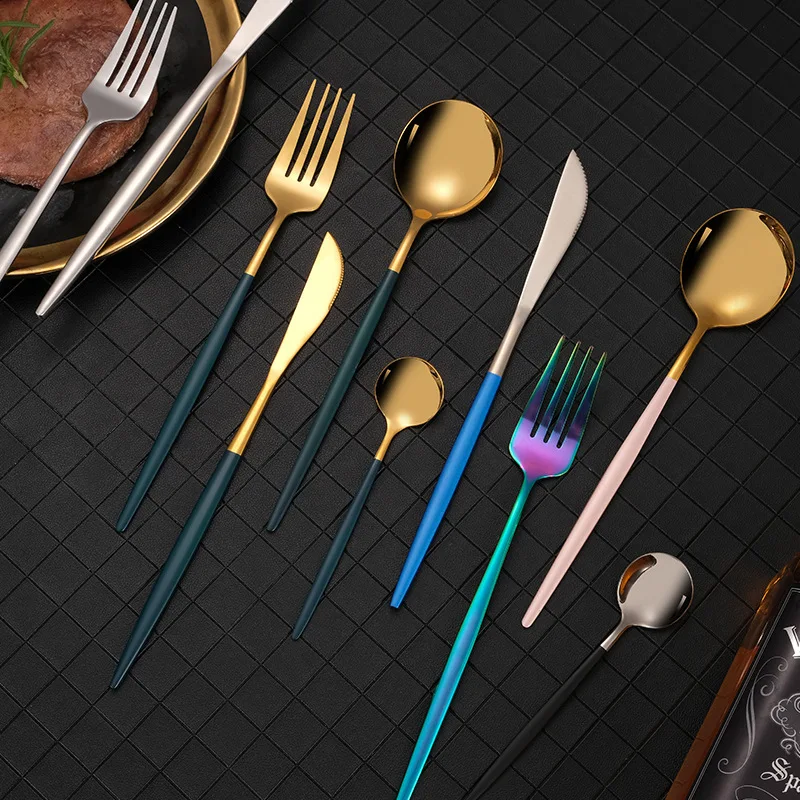 

24pcs Black Gold Dinnerware Set Stainless Steel Steak Knife Fork Coffee Spoon Teaspoon Flatware Dishwasher Safe Kitchen tablewar