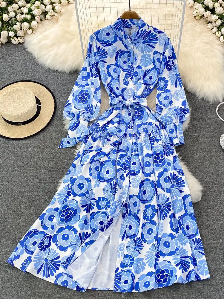

2022 Spring Runway Maxi Dress Women's Stand Collar Long Lantern Sleeve Single-Breasted Floral Printed Holiday Party Vestidos