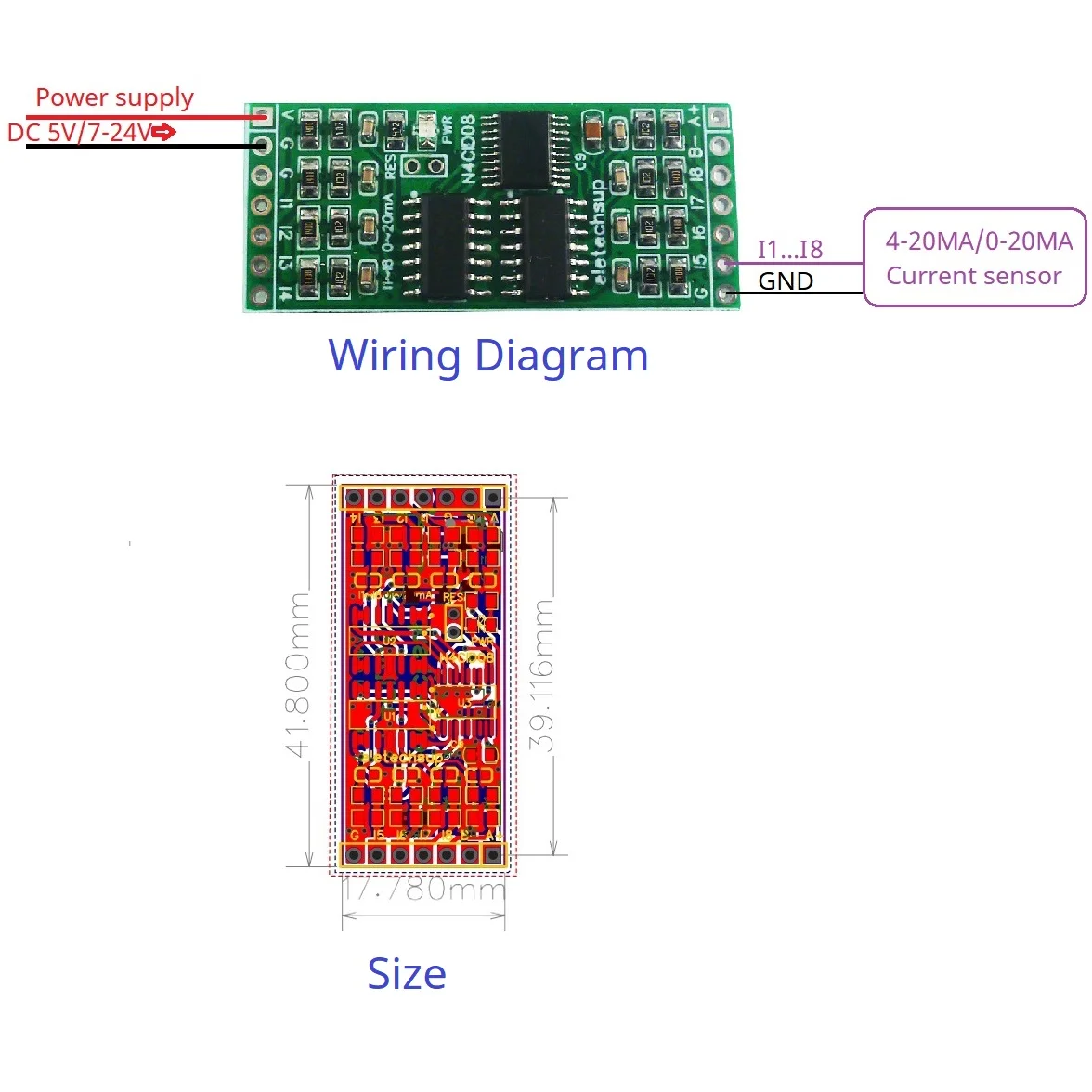 8AI 4-20MA/0-20MA Преобразователь датчика тока RS485 Аналоговая коллекция MODBUS RTU ПЛК