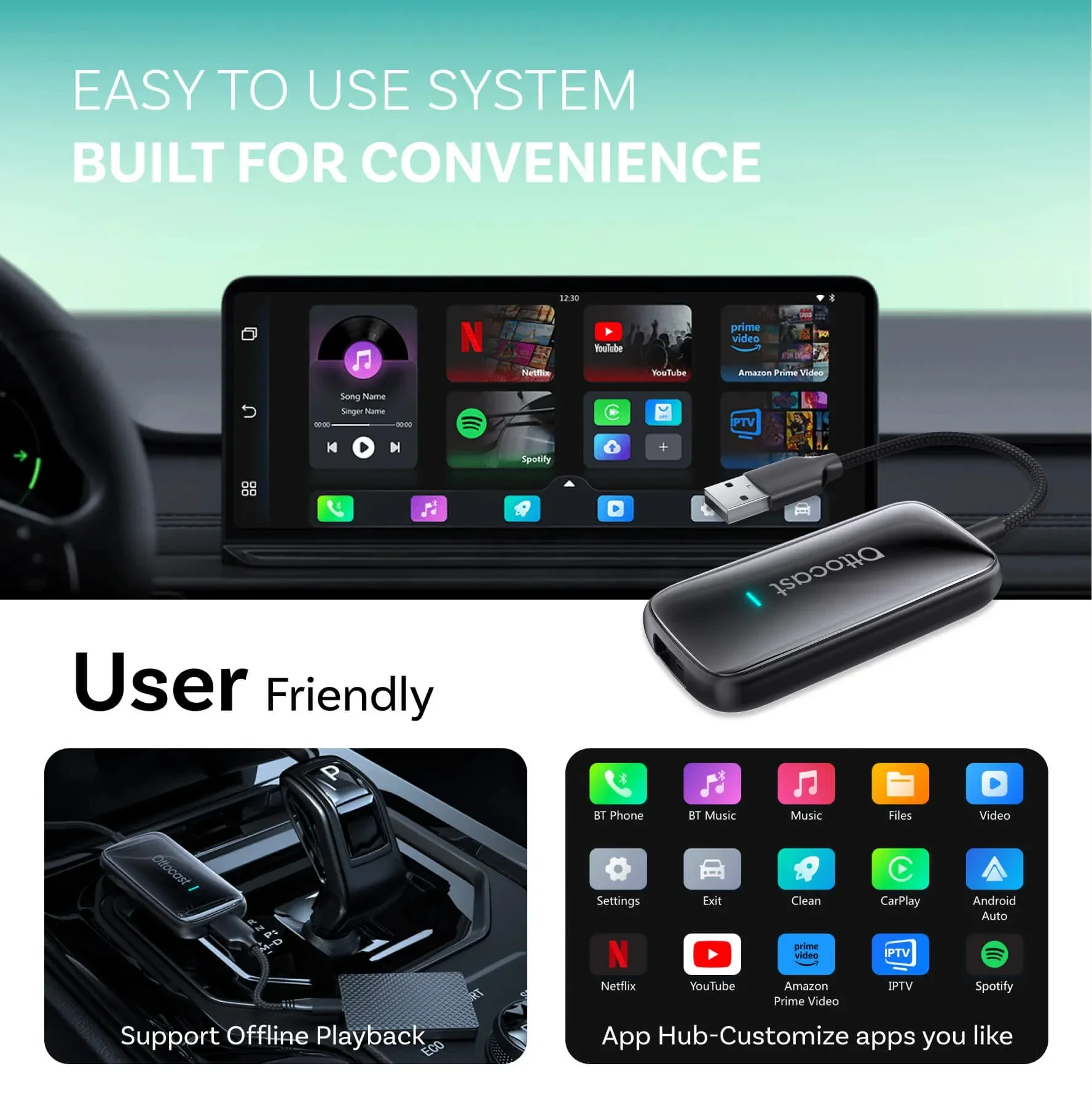 Фото Ottocast Play2Video Ultra Ai Box Беспроводной адаптер CarPlay Android Auto Встроенный Youtube Netflix IPTV для автомобиля с проводным Carplay №2