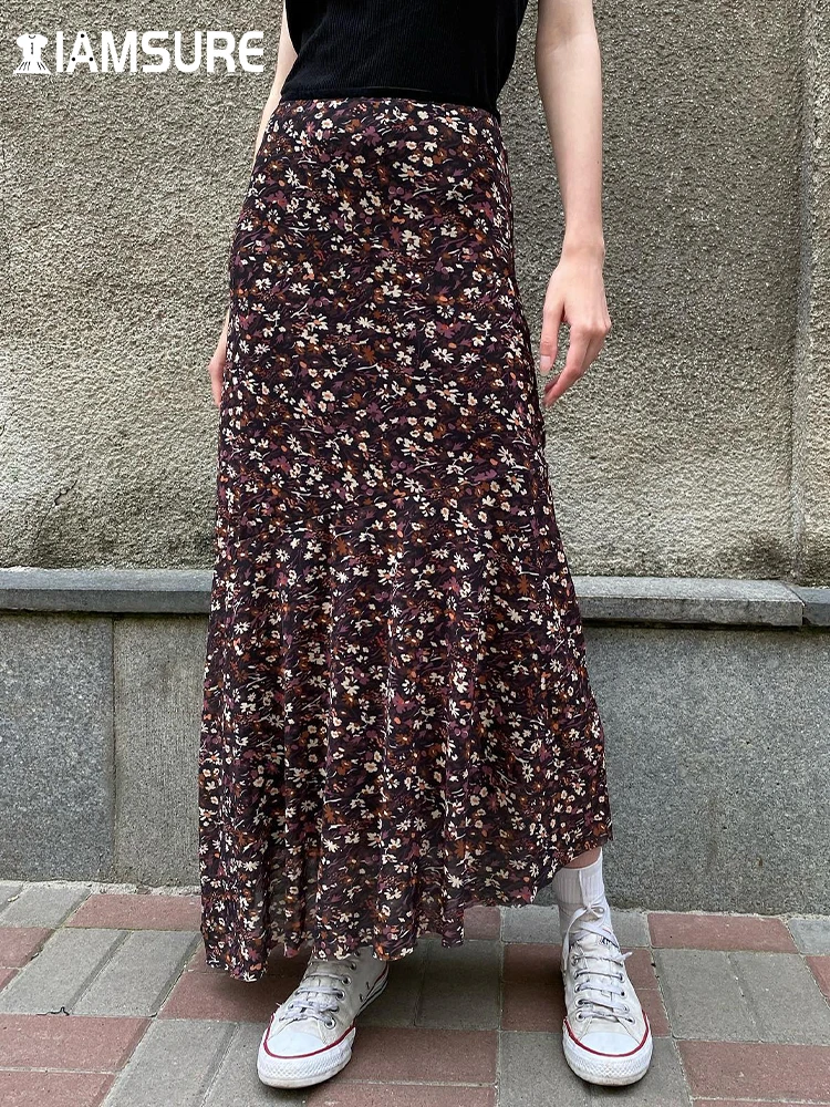 

IAMSURE Prairie Chic Casual Floral A-Line Skirt Vintage Slim Mid-Waisted Maxi Skirts Women 2023 Autumn Winter Fashion Streetwear