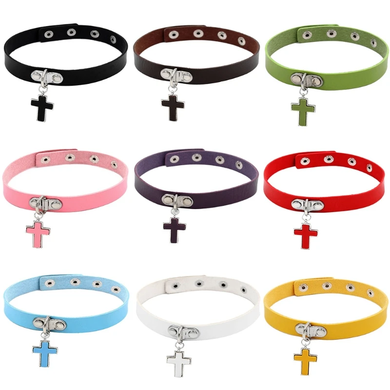 

85WB готическое кожаное ожерелье-чокер в стиле панк с подвеской-крестом унисекс