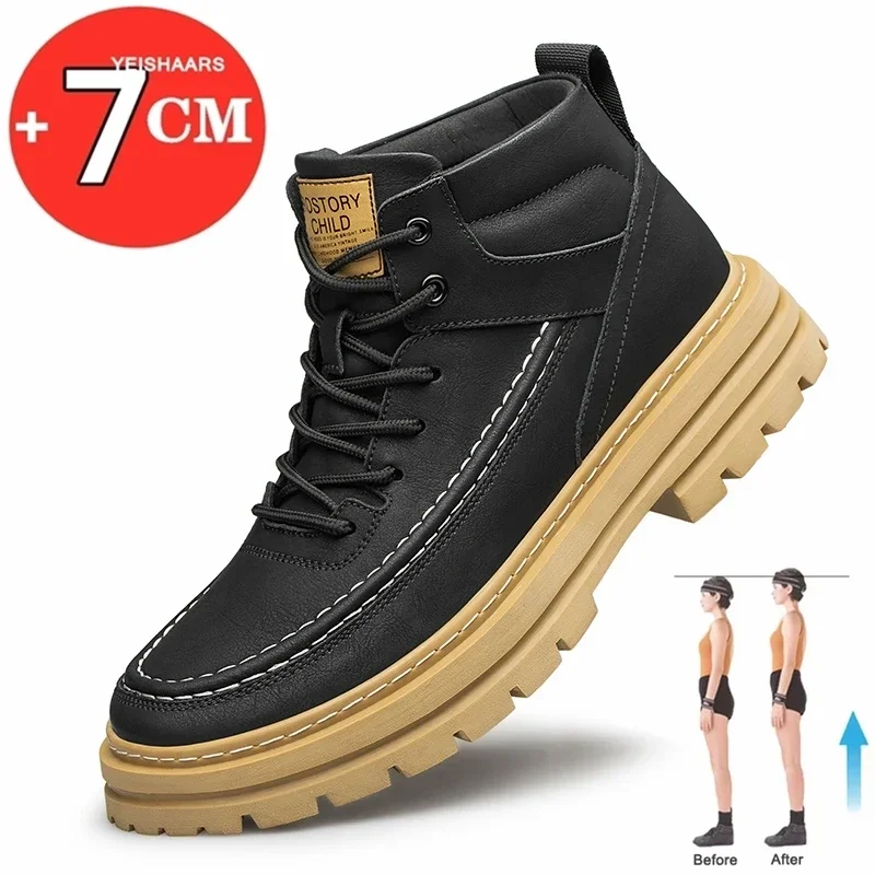 

Big Size Men Boots Elevator Shoes High Quality Leather Ankle Boots Hidden Heels Heightening Shoes Man 7CM Masculino Taller Shoes