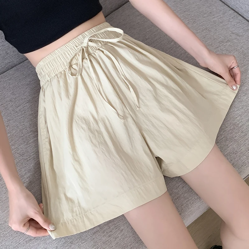 

Women's Thin Elastic High Waist A-line Wide Leg Shorts Summer New Casual Fashion Female Solid Color Drawstring Mini Pants