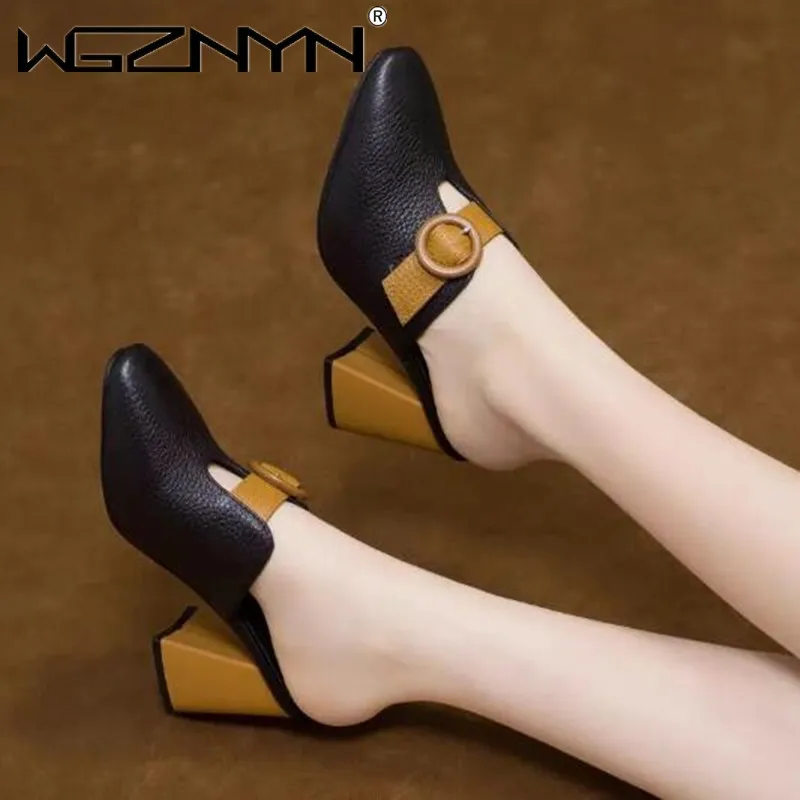 

Women High Heeled Platform Half Slippers Leather Mules Femme Pointed Toe Feminino Office Ladies Chaussure Elegant Backless Shoes