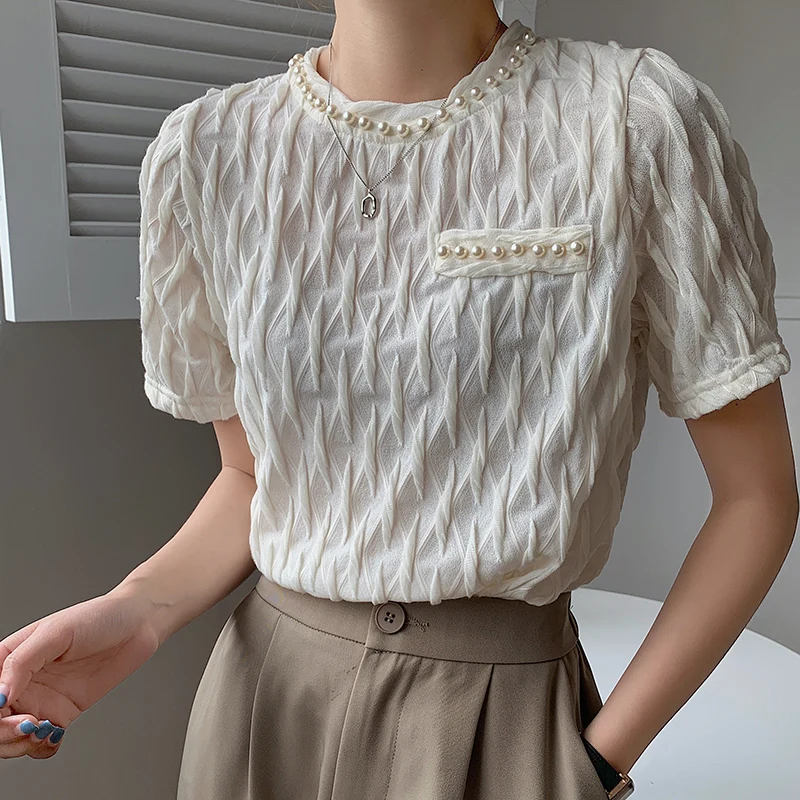 

2021 New Design Sense Niche Foreign Style Wild Loose Thin Temperament Tops Lace Short-sleeved T-shirts Women's Summer T-shirt