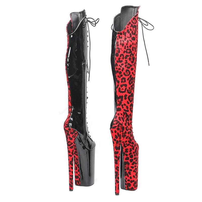 Leecabe  26CM/10inches  red color Leopard with black color patent  sexy exotic High Heel platform party shoes Pole Dance boot