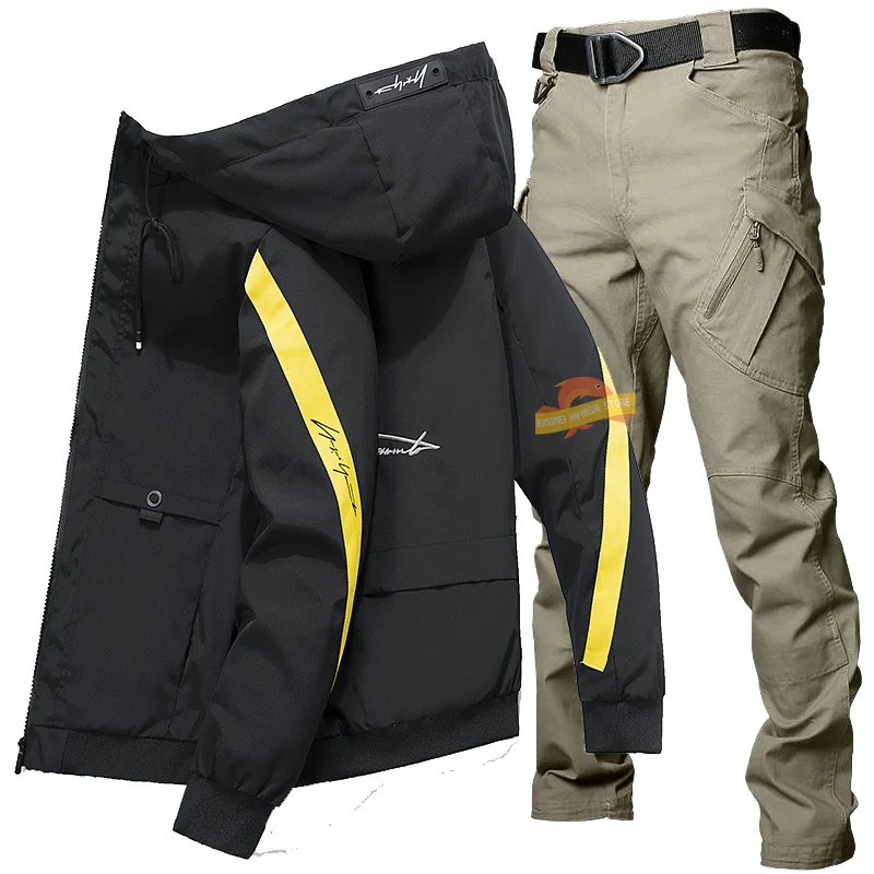 

Men's Spring Autumn Fishing Clothes Outdoor Thin Windproof Waterproof Suits Fishing Hiking Sports Hooded Jacket + Tactical Pants