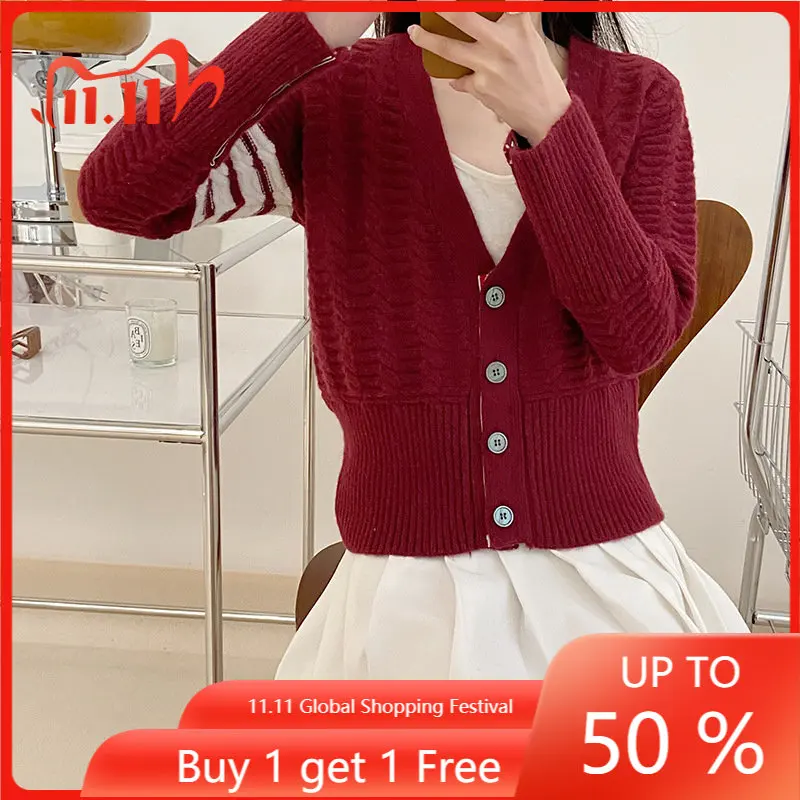 

High quality Korean Sweater Women's Autumn Long Sleeve Top Wrapped with TB Cardigan Casual College Style Knitted Jacket