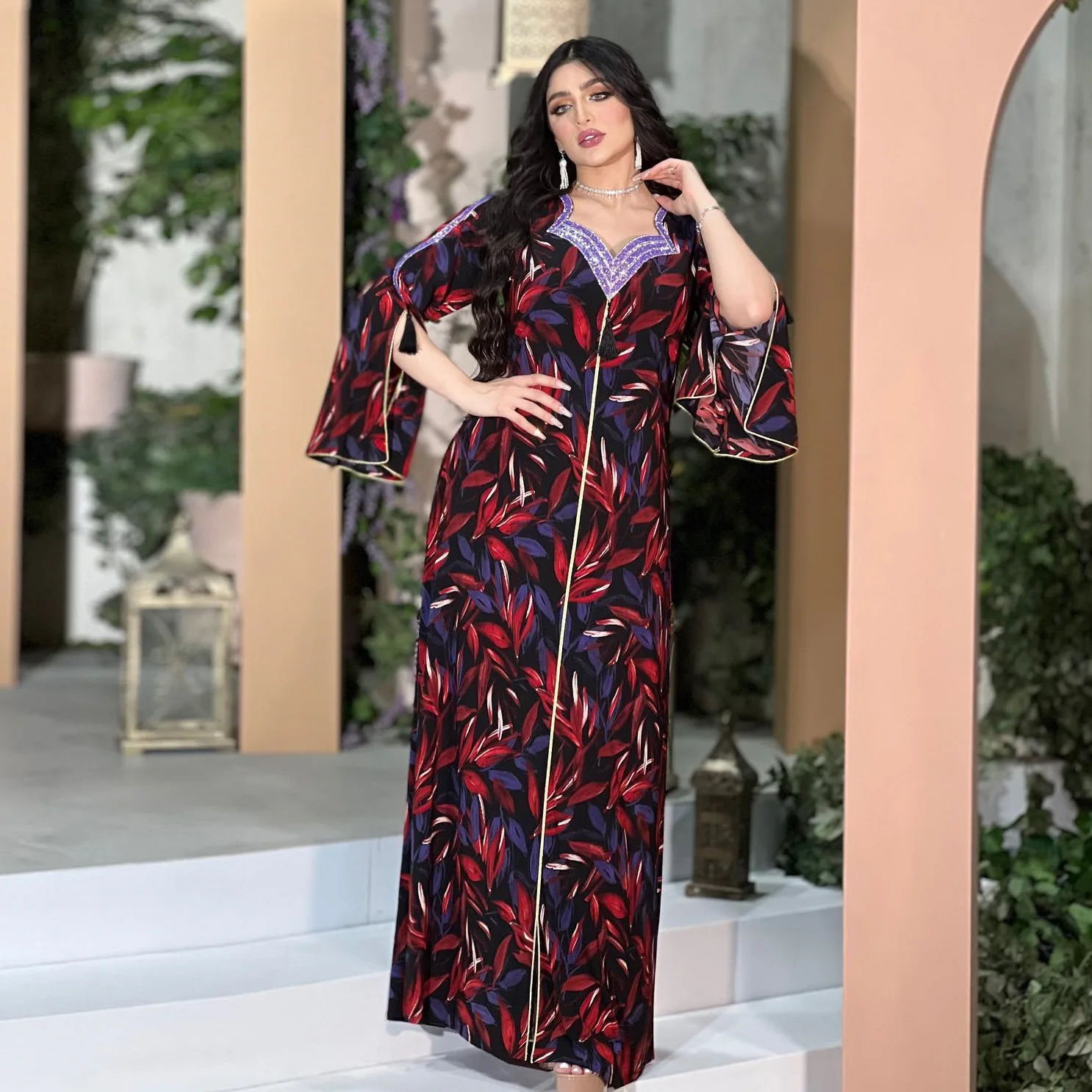 Jalabiya Abaya Dubai Arabic Long Muslim Dress Women Party Loose Floral Printed Moroccan Islam Evening Dresses Caftan Kaftan Robe