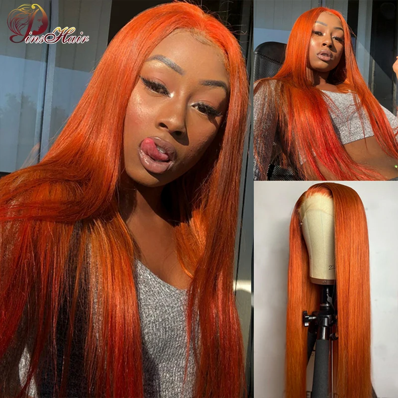 Orange Ginger 13X4 Lace Front Wig Human Hair Pre-Plucked For Women Remy Transparent Straight Lace Frontal Human Hair Wigs 180%
